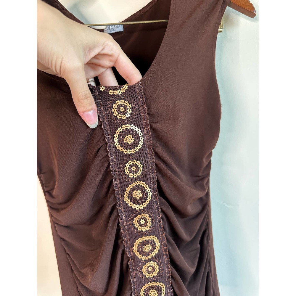 Vintage Y2K Venus Brown Sequin Ruched Stretchy Blouse Shirt Top - Picture 6 of 7